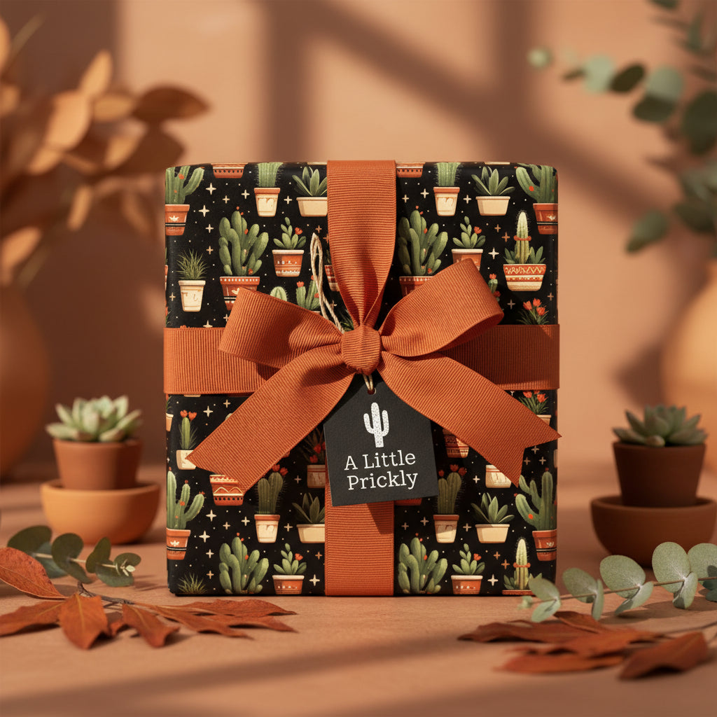 Square gift wrapped in cactus print paper with rust-colored ribbon and "A Little Prickly" tag.