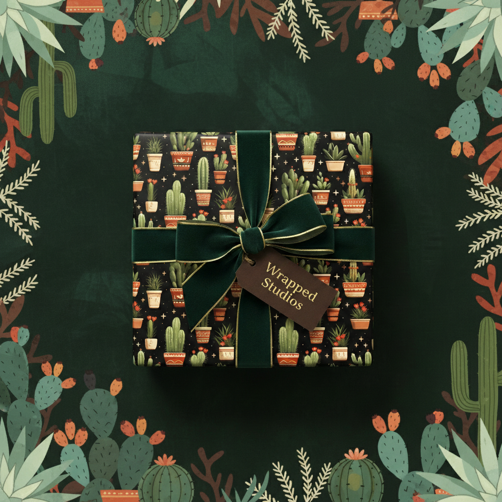 Cactus themed gift wrapped in desert succulent wrapping paper with dark green velvet ribbon.
