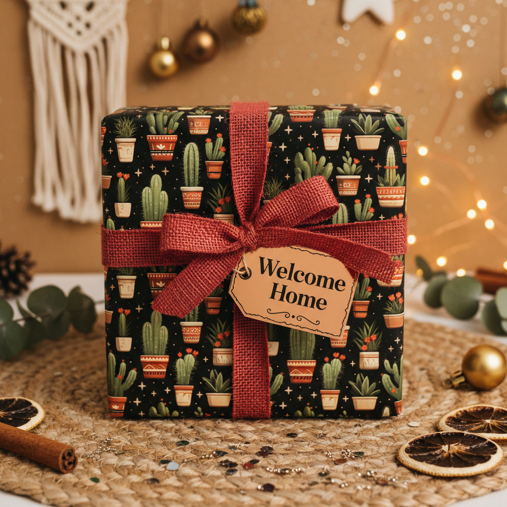 Welcome Home gift wrapped in cactus-themed birthday wrapping paper with red burlap ribbon.