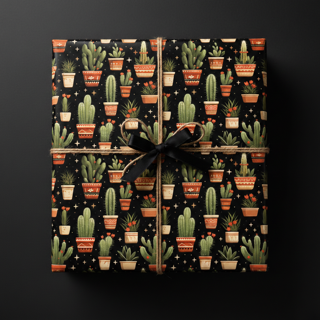 Gift wrapped in black cactus print paper, tied with twine and a black ribbon.
