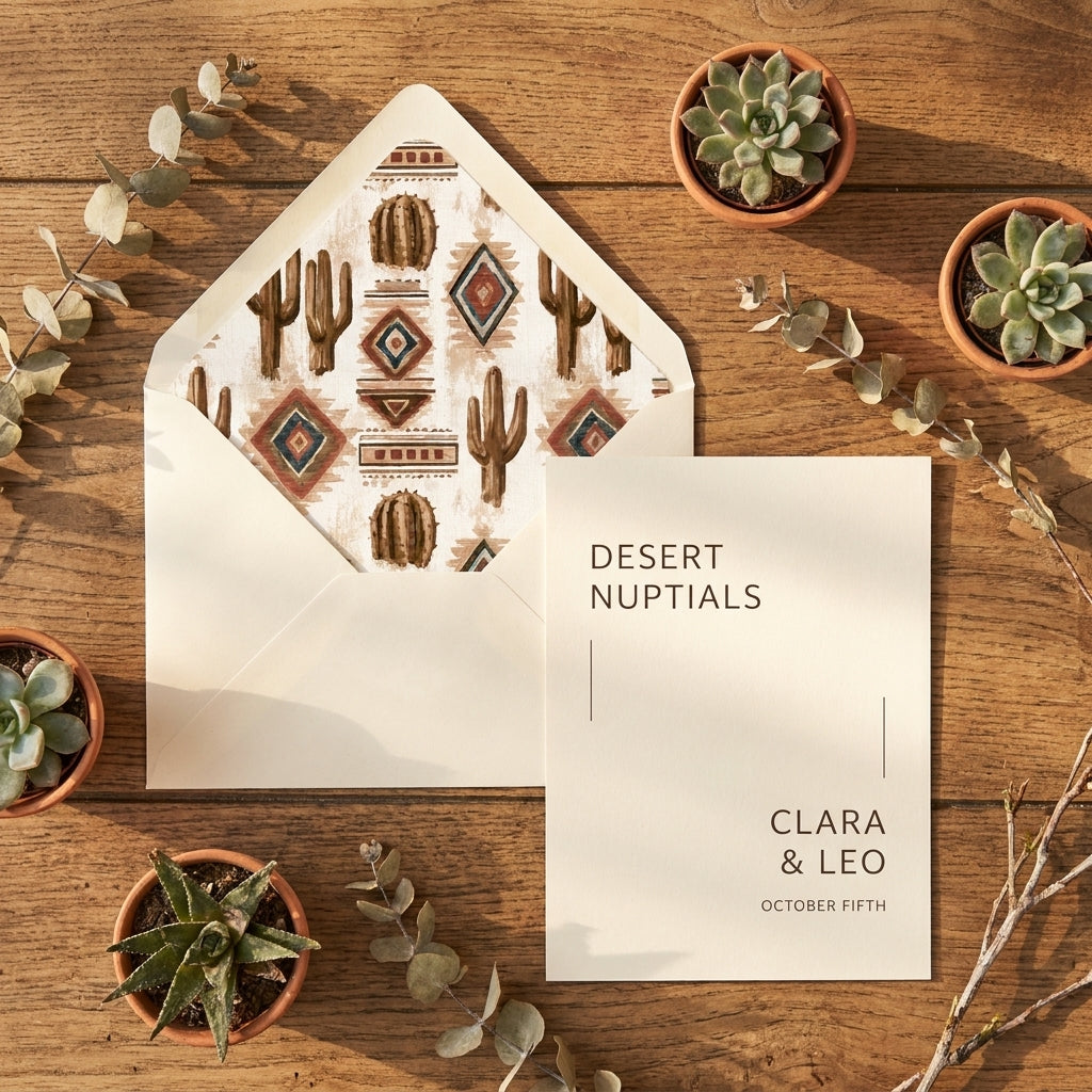 Southwestern cactus gift wrap used as an envelope liner for a desert wedding invitation by Wrapped Studios.