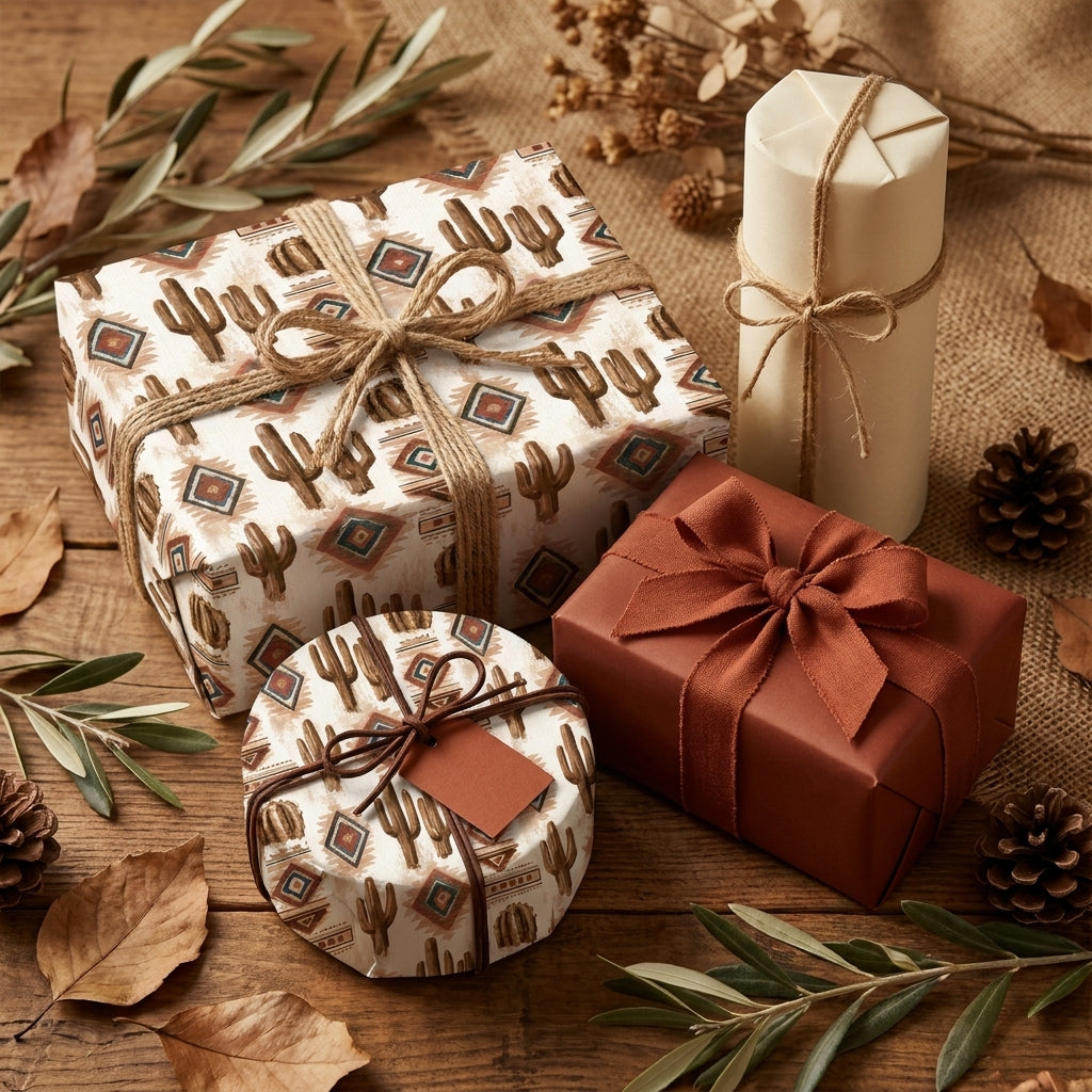 Rustic southwest cactus wrapping paper and boho terracotta gift wrap by Wrapped Studios.