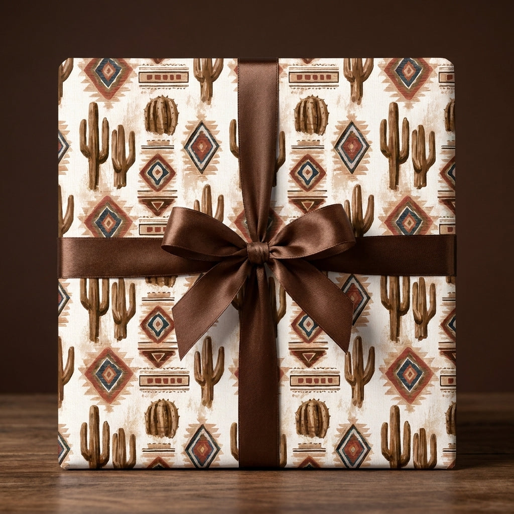 Southwest desert cactus wrapping paper with a brown satin bow by Wrapped Studios.
