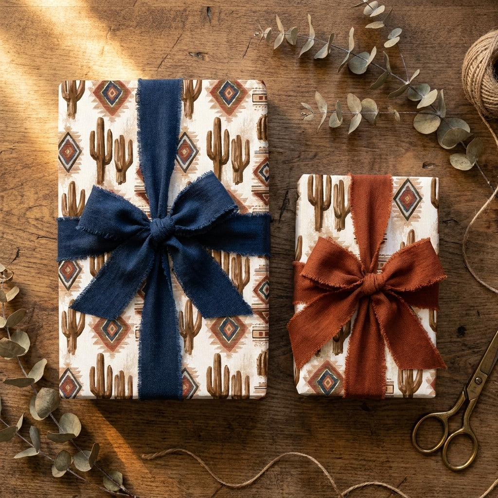 Southwest cactus wrapping paper by Wrapped Studios with rust and navy chiffon bows on a wooden table.