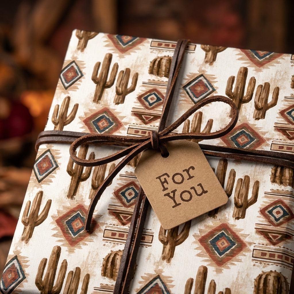 Southwestern cactus wrapping paper with a rustic leather bow and gift tag by Wrapped Studios.