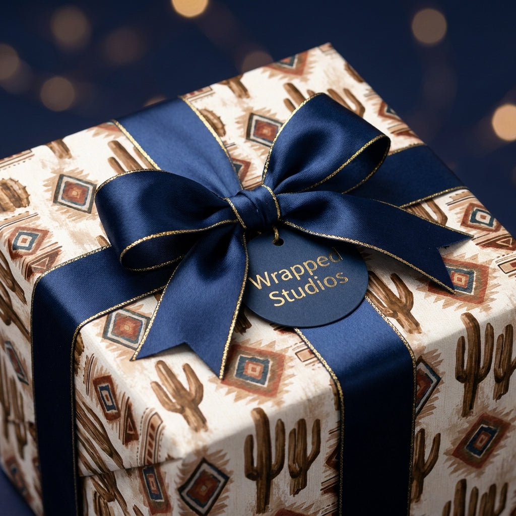 Southwestern cactus wrapping paper with a navy blue satin bow by Wrapped Studios.