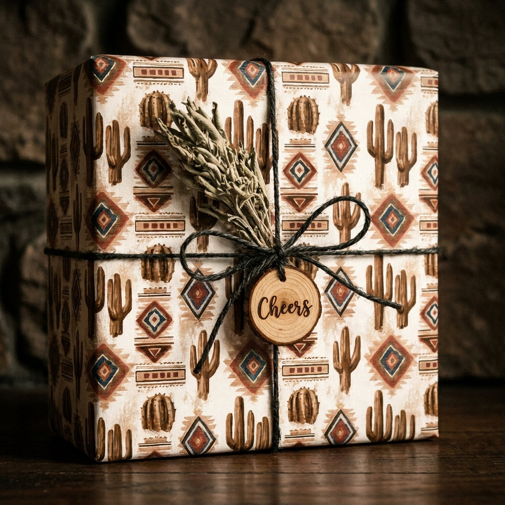 Rustic cactus wrapping paper with southwestern desert pattern on a gift box by Wrapped Studios.