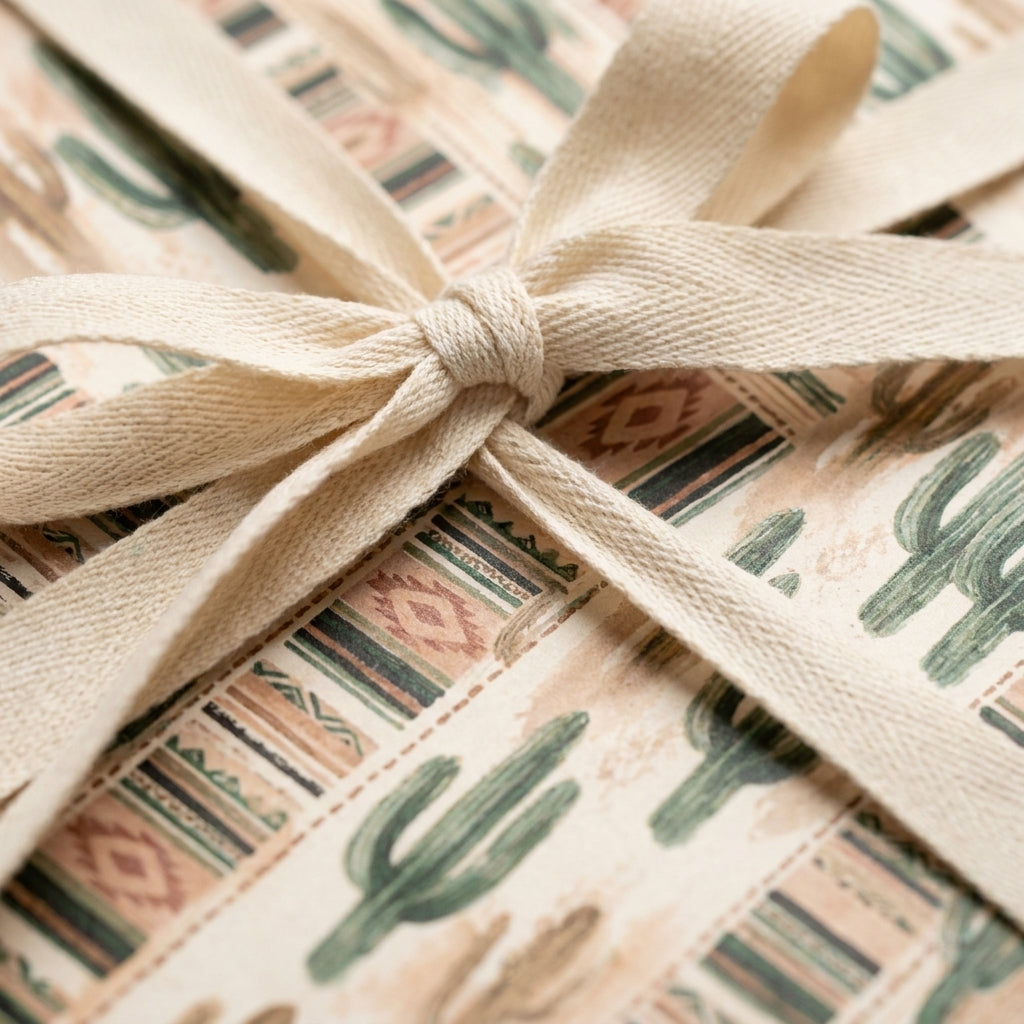 Rustic cactus wrapping paper with southwestern patterns and cream cotton ribbon by Wrapped Studios.
