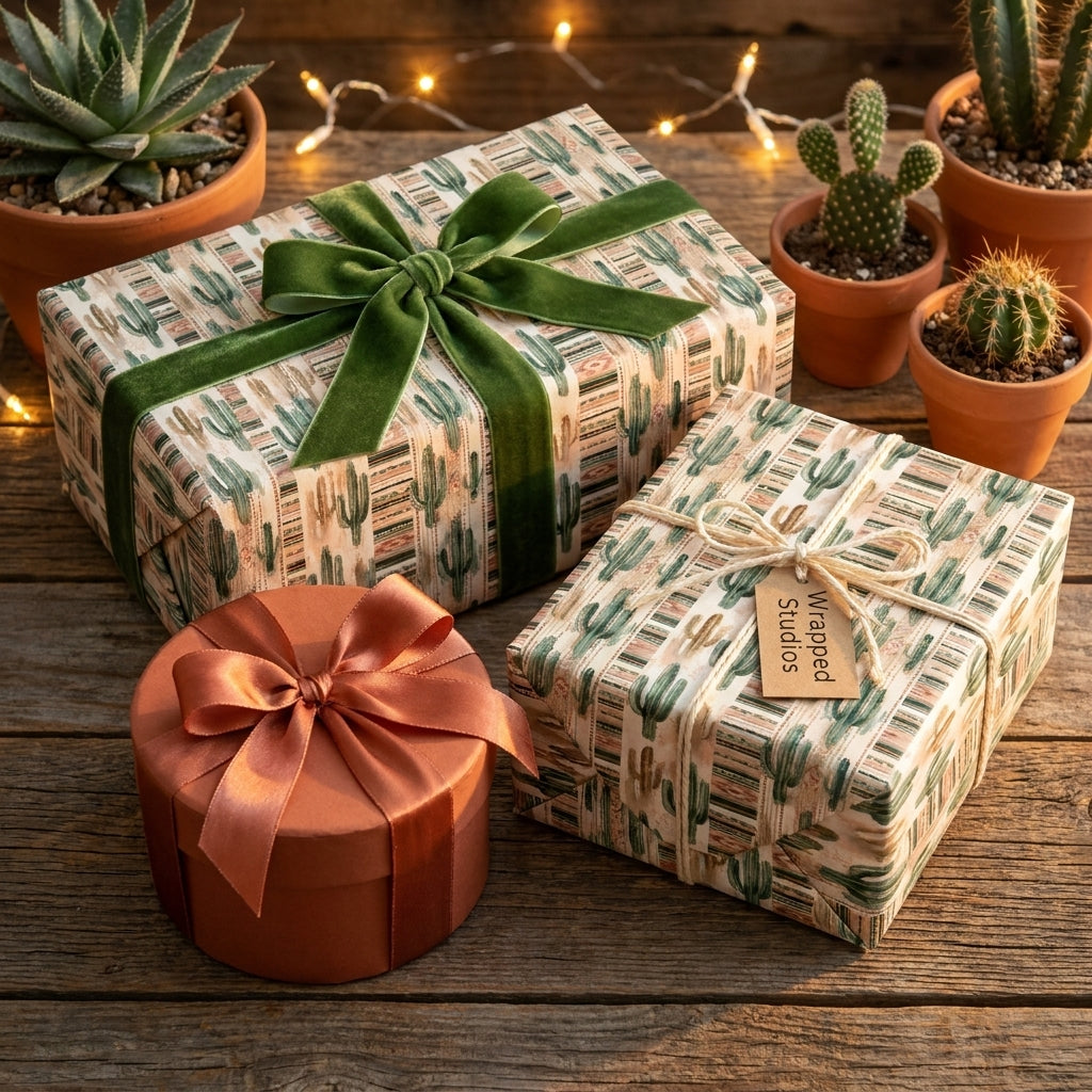 Cactus wrapping paper by Wrapped Studios on rustic gift boxes with a green velvet bow.