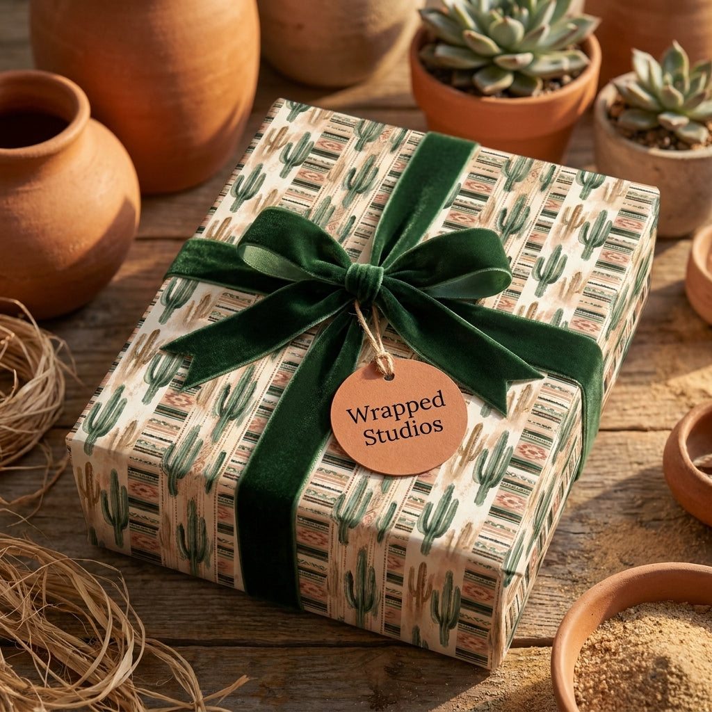 Southwestern cactus wrapping paper with a luxury green velvet bow and Wrapped Studios tag.