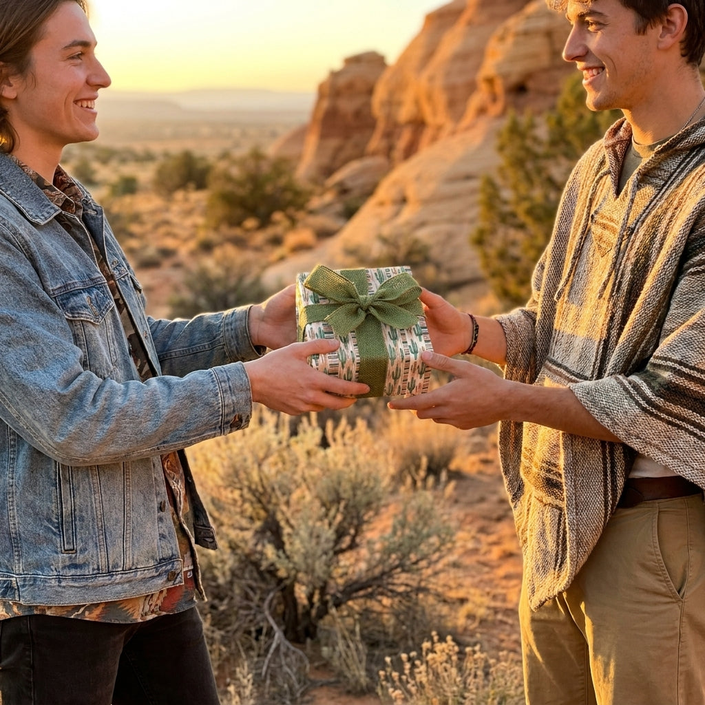 Two men exchange a gift in desert cactus wrapping paper with a green bow, by Wrapped Studios.