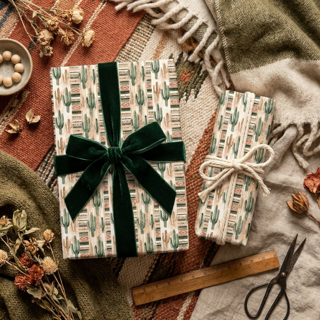 Boho cactus wrapping paper by Wrapped Studios with a green velvet ribbon on rustic gifts.