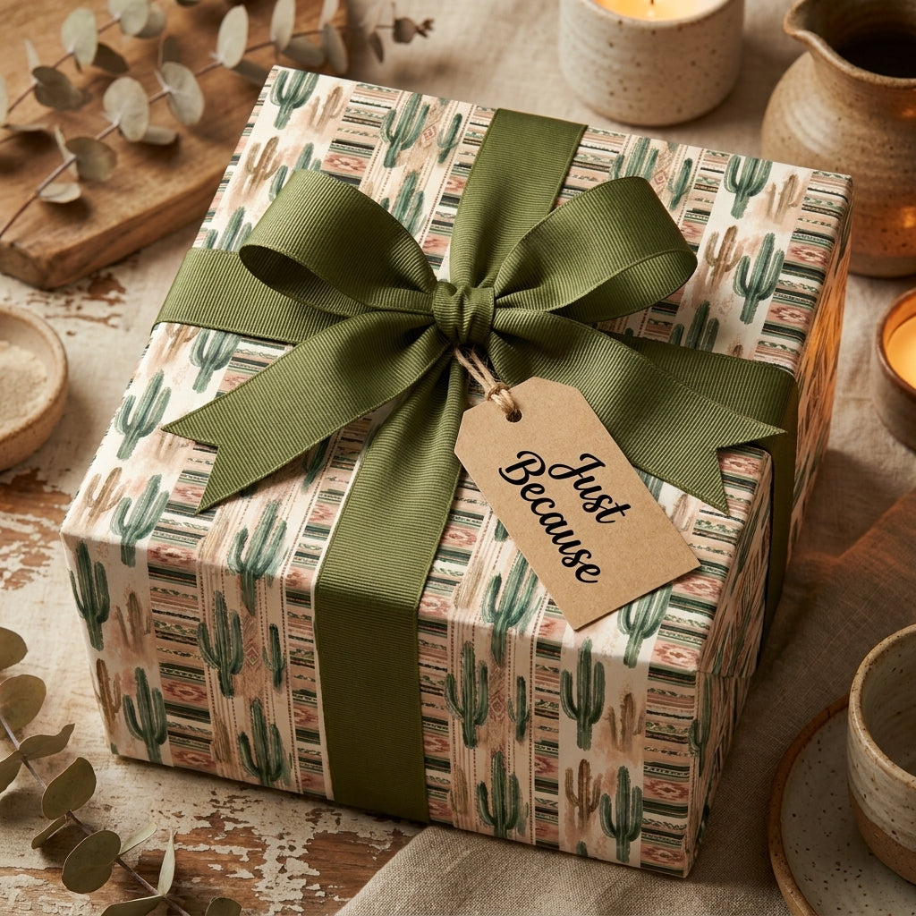 Southwest cactus wrapping paper with olive green ribbon on a rustic gift box, by Wrapped Studios.