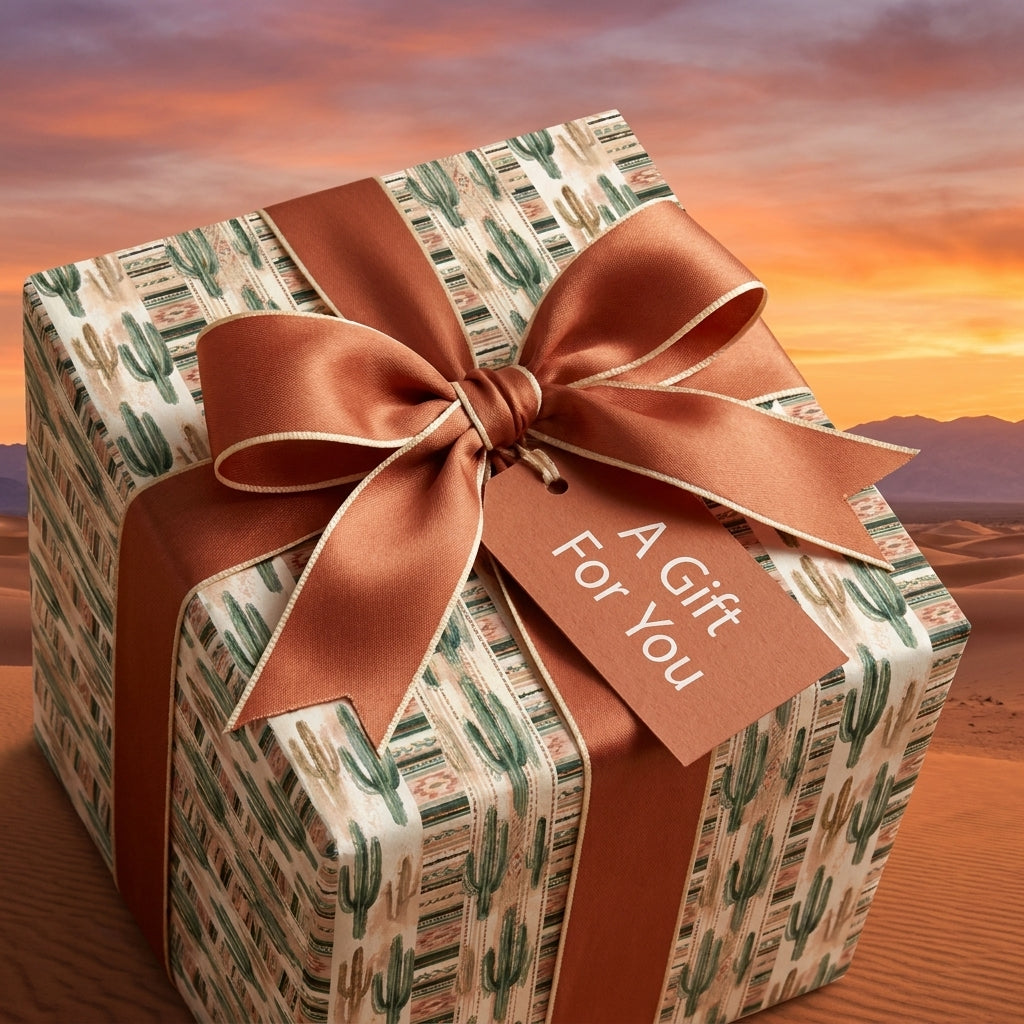Boho cactus wrapping paper with a terracotta satin bow by Wrapped Studios, in a desert sunset.