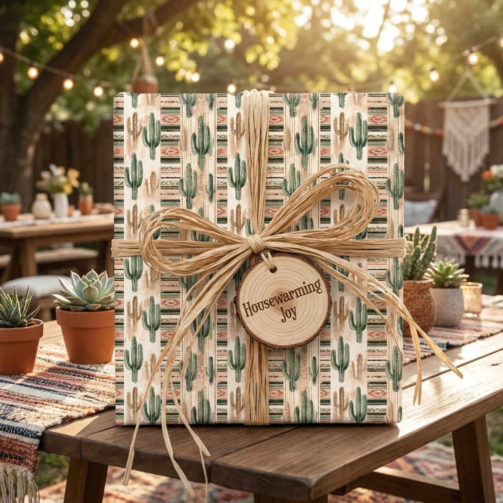 Southwest cactus wrapping paper on a housewarming gift with raffia bow by Wrapped Studios.
