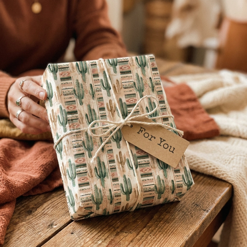 Rustic cactus wrapping paper by Wrapped Studios on a boho gift box with twine and a For You tag.