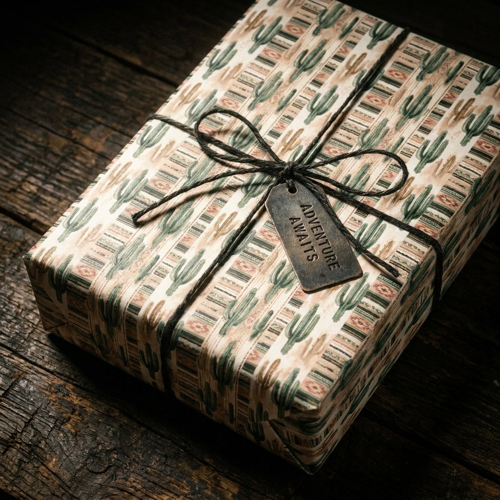 Rustic cactus wrapping paper on a gift box with an adventure tag and twine, by Wrapped Studios.