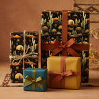 Assorted gifts wrapped in cactus print paper, solid blue, and mustard paper with ribbons.