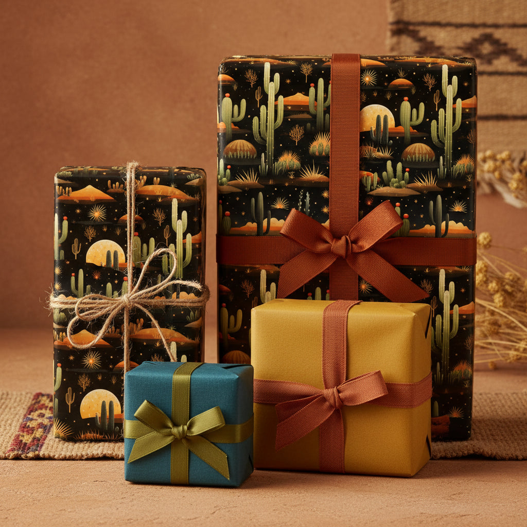 Assorted gifts wrapped in cactus print paper, solid blue, and mustard paper with ribbons.