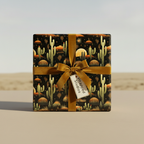 Desert-themed gift wrapped in stylish cactus wrapping paper with a gold velvet ribbon.