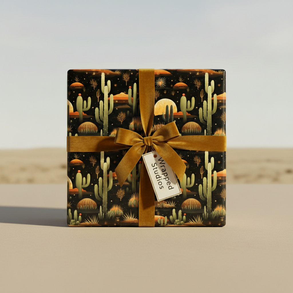 Desert-themed gift wrapped in stylish cactus wrapping paper with a gold velvet ribbon.