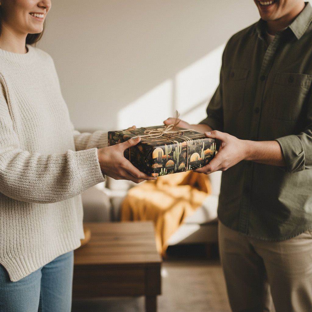 Person handing over a gift wrapped in cactus print birthday wrapping paper tied with twine.
