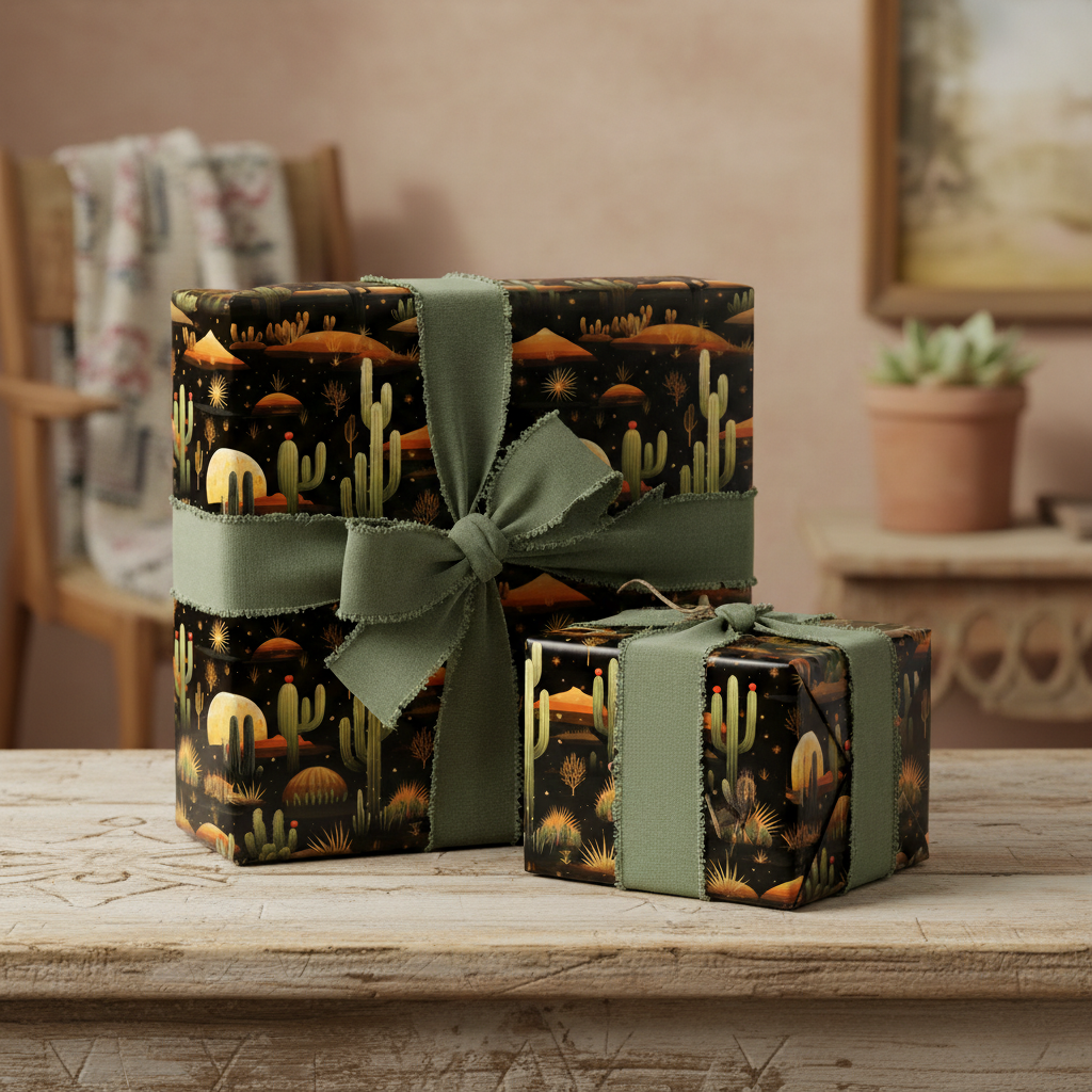 Two gifts wrapped in desert cactus print wrapping paper with sage green ribbon.