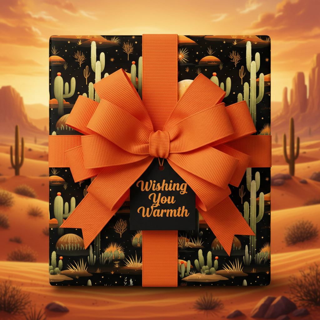 Desert-themed gift wrap: Square present with cactus print, orange ribbon, and "Wishing You Warmth" tag.