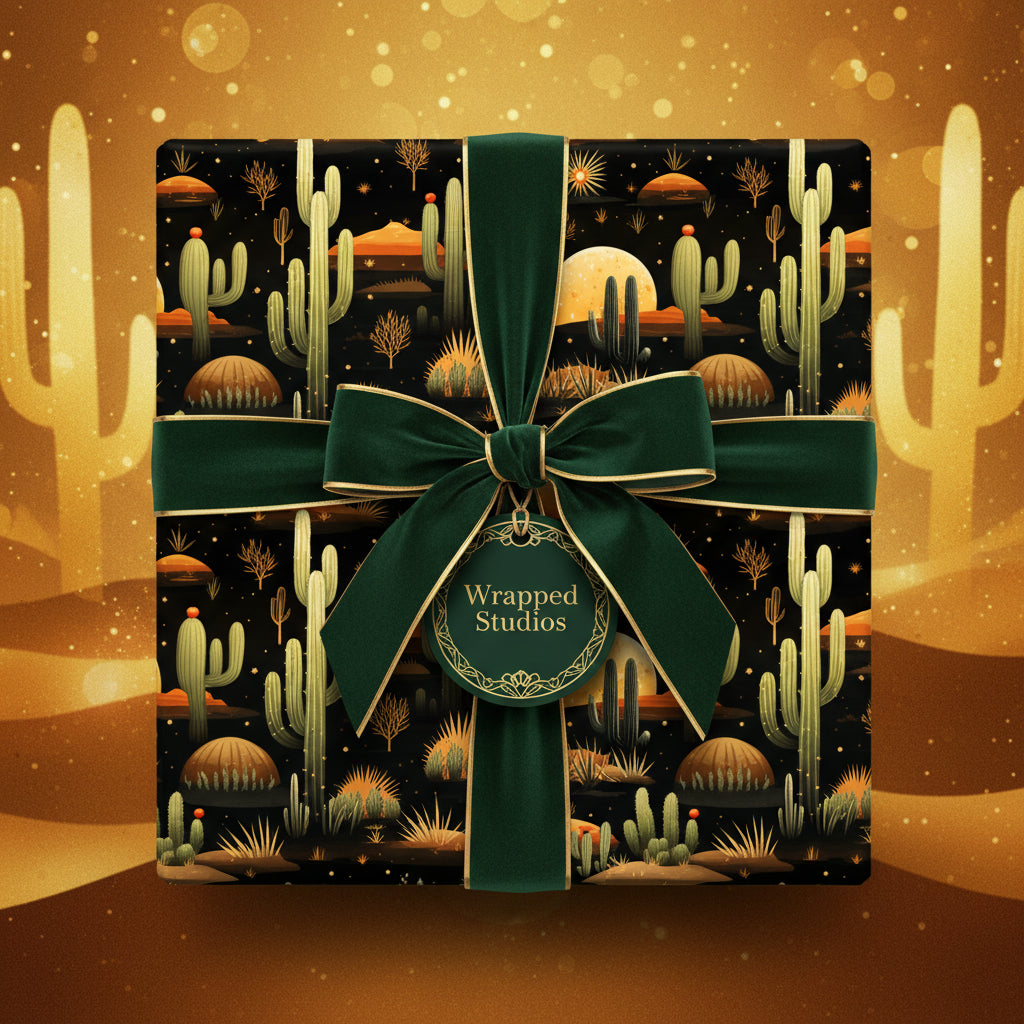 Luxury gift wrap with a dark desert cactus pattern and elegant emerald green velvet ribbon.