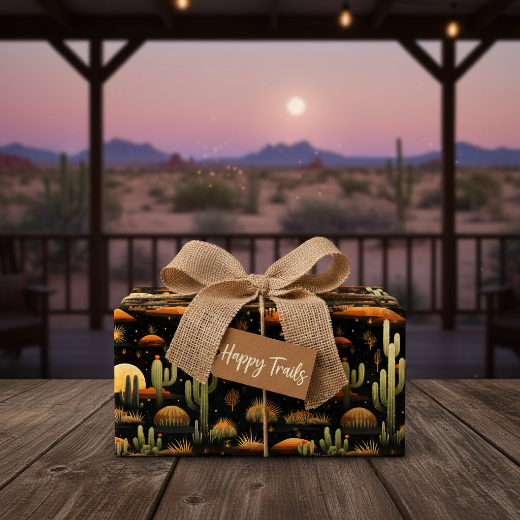 Rustic "Happy Trails" gift with cactus wrapping paper and burlap bow, against a desert scene.