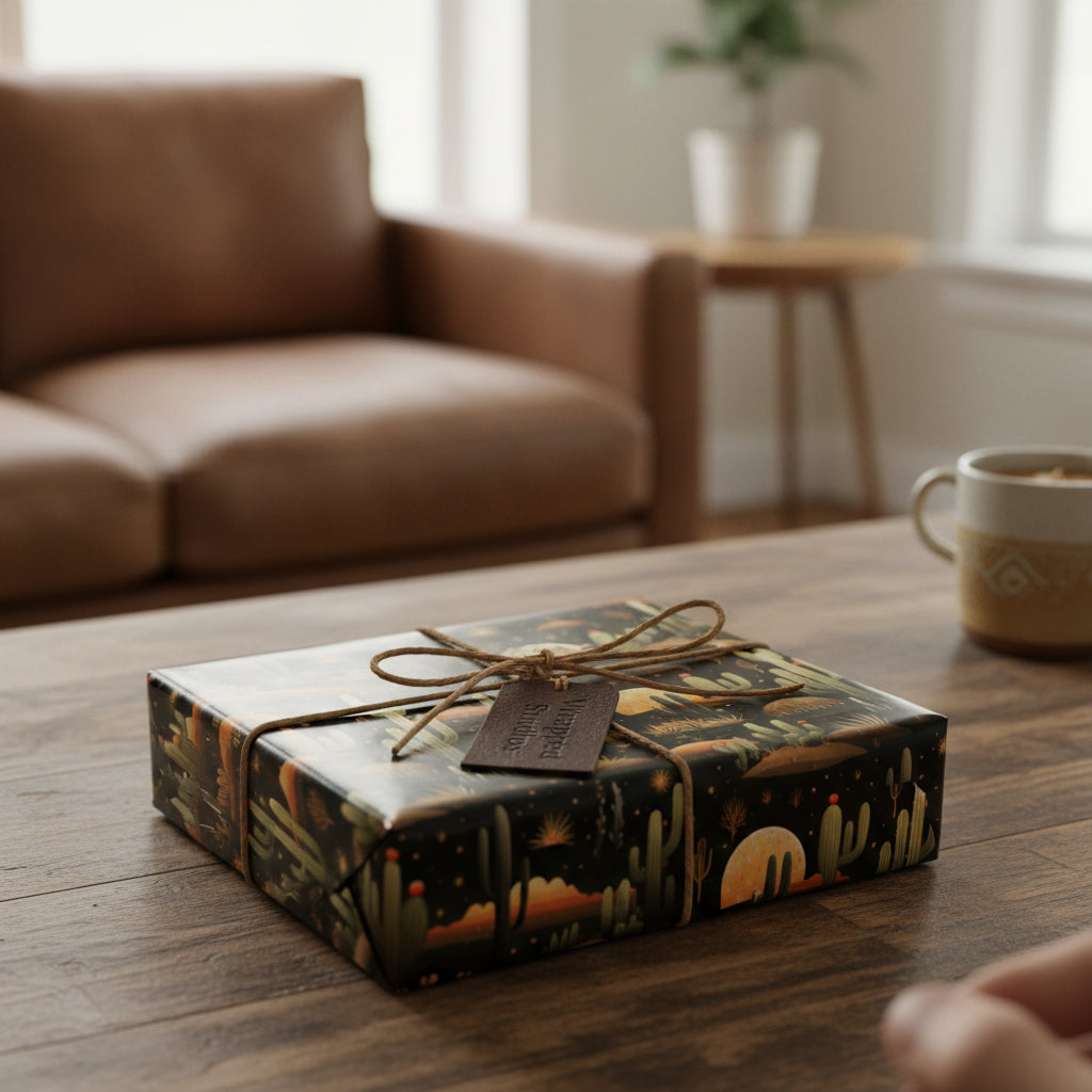 Desert-themed gift wrapped in unique cactus print paper with a rustic twine bow and leather tag.