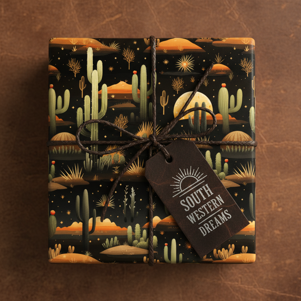 Gift wrapped in Southwestern-themed wrapping paper with cacti, desert landscape, string bow and gift tag.
