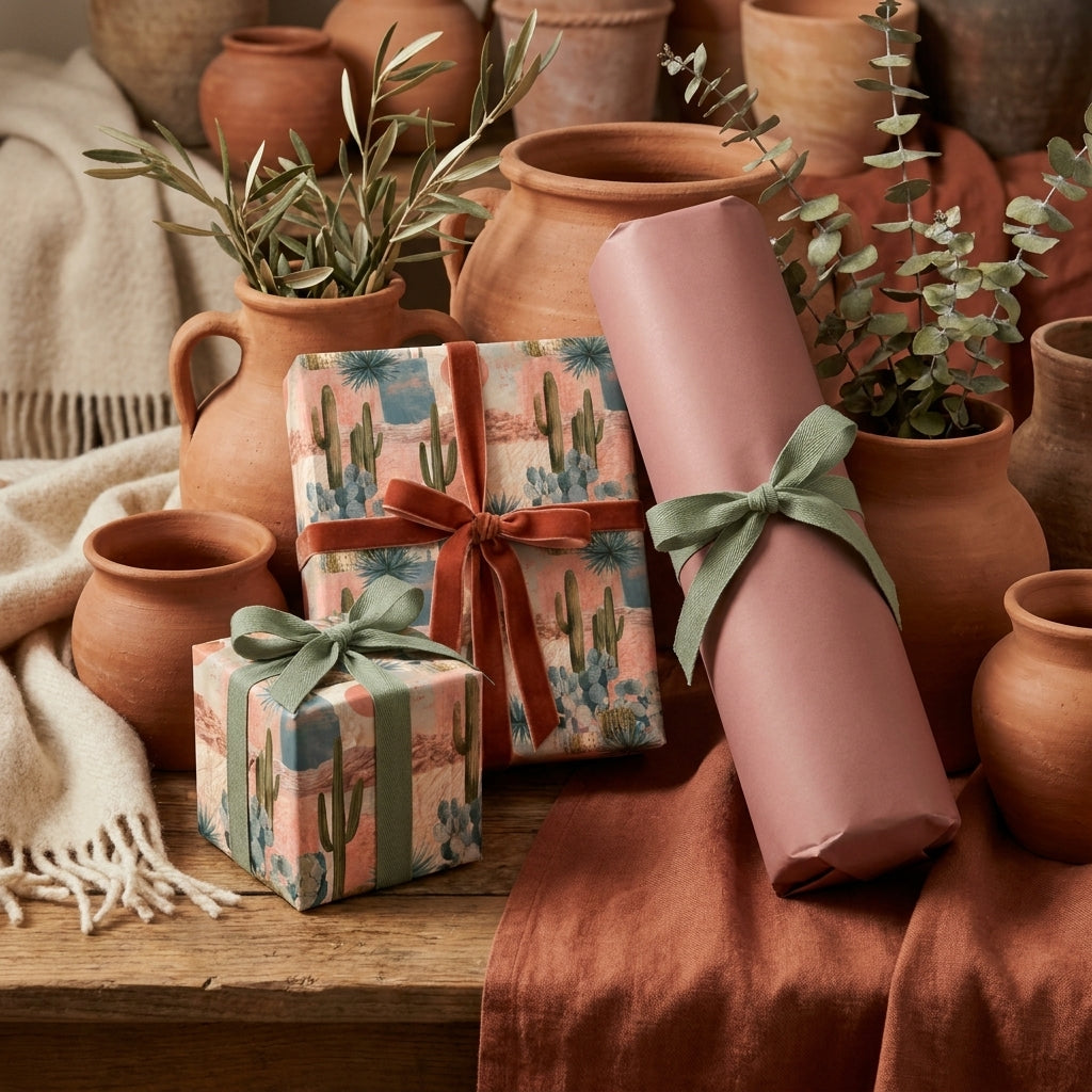 Desert cactus wrapping paper and pink gift wrap with rust velvet ribbon by Wrapped Studios.