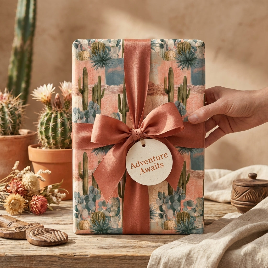 Desert cactus wrapping paper with a terracotta bow held on a rustic table by Wrapped Studios.