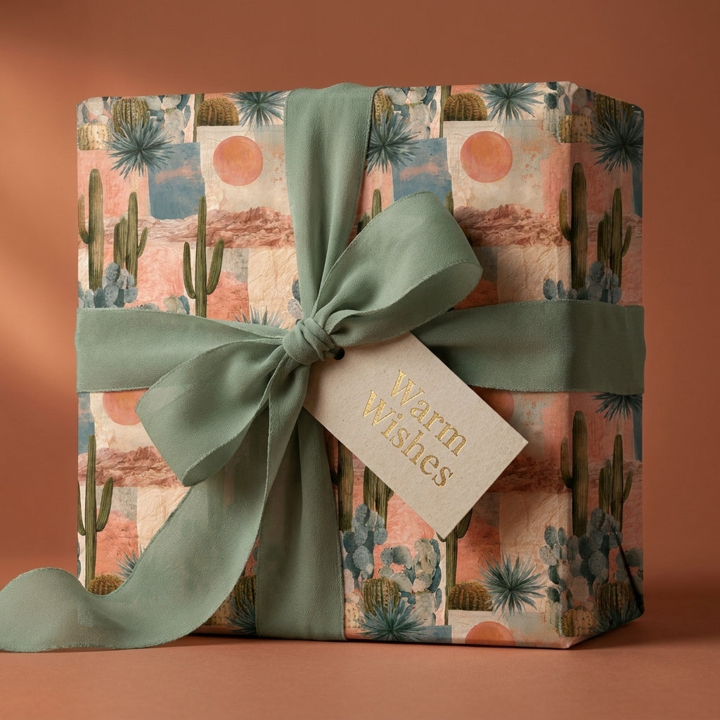 Boho desert cactus wrapping paper with sage ribbon and Warm Wishes tag by Wrapped Studios.