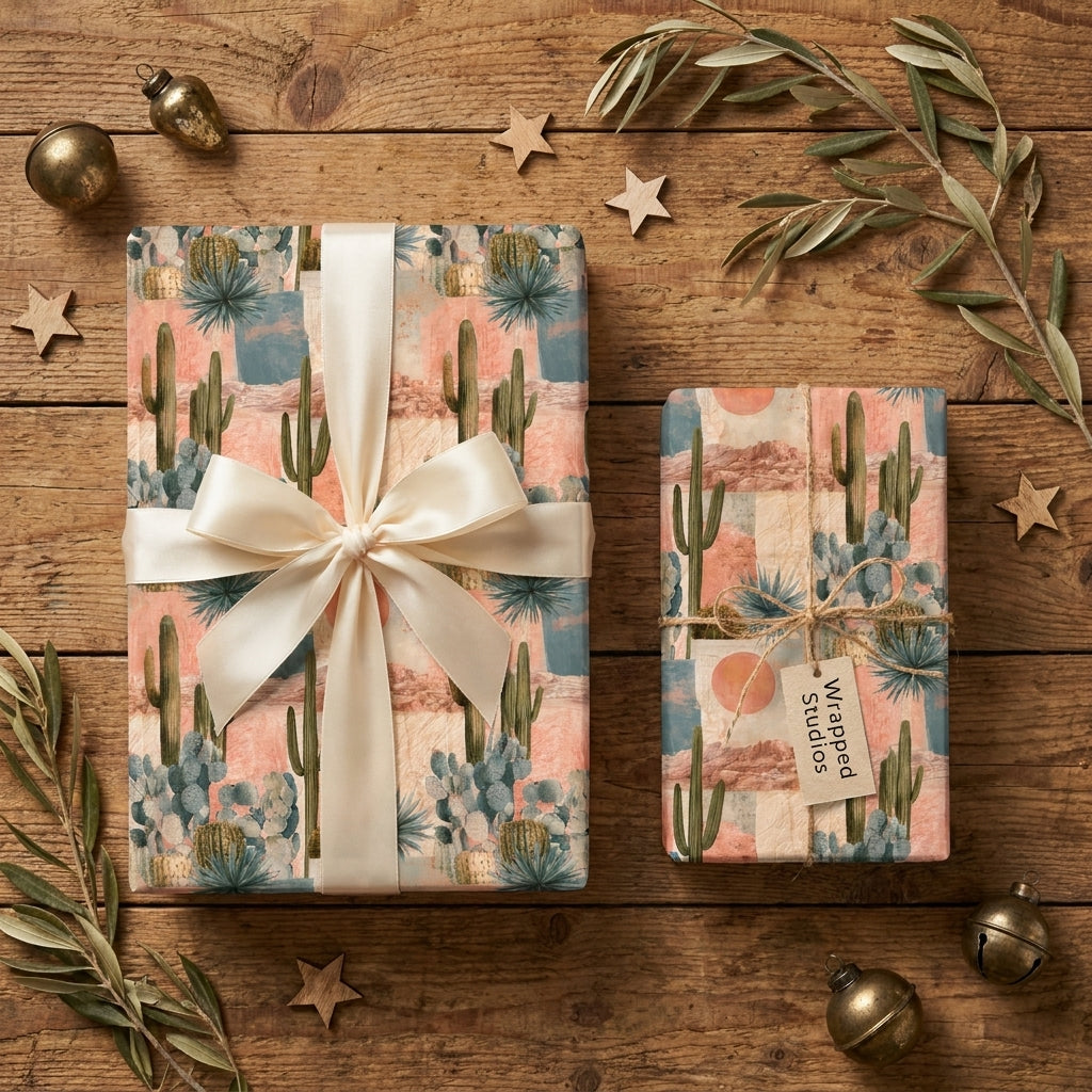 Boho desert cactus wrapping paper on gifts with a cream satin bow, by Wrapped Studios.