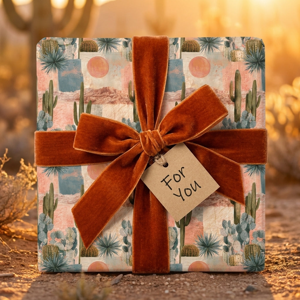 Desert cactus wrapping paper with a terracotta velvet bow and gift tag by Wrapped Studios.