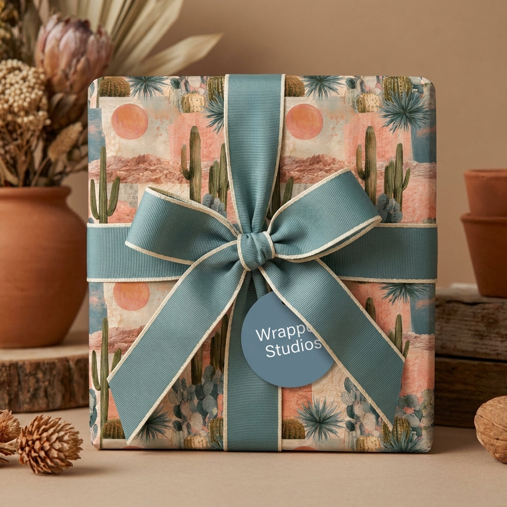 Boho desert cactus wrapping paper by Wrapped Studios on a gift box tied with a dusty teal ribbon bow.