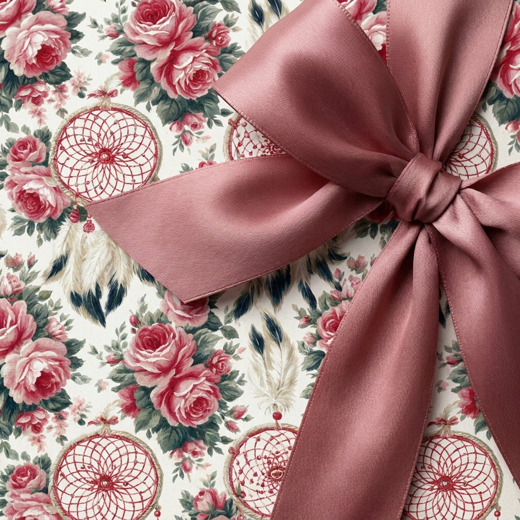 Vintage floral wrapping paper with dreamcatchers and a dusty rose satin bow by Wrapped Studios.
