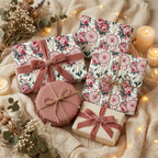 Boho floral wrapping paper with dreamcatchers and pink velvet ribbons on gifts by Wrapped Studios.