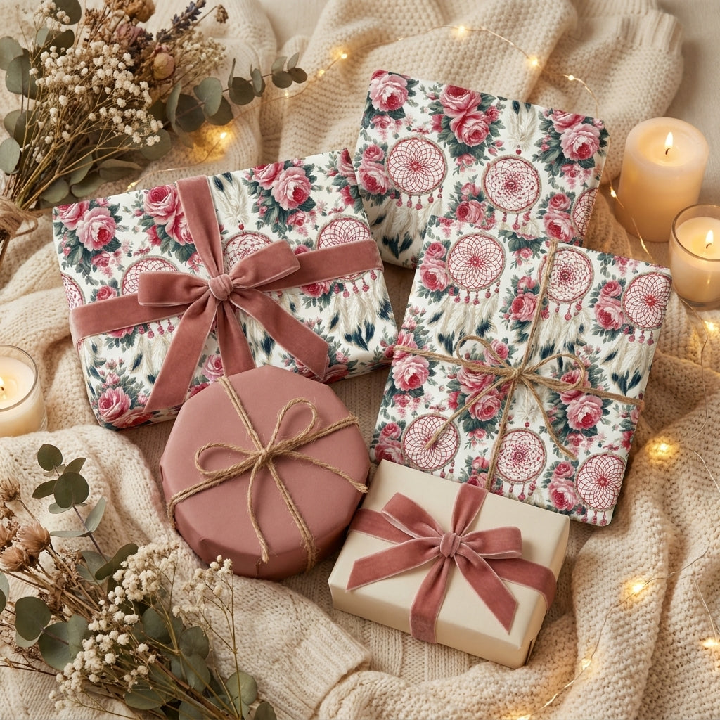 Boho floral wrapping paper with dreamcatchers and pink velvet ribbons on gifts by Wrapped Studios.