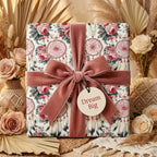 Boho dreamcatcher floral gift wrap with a dusty rose velvet ribbon and "Dream Big" tag by Wrapped Studios.