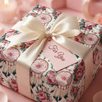 Luxury boho floral and dreamcatcher wrapping paper with cream ribbon by Wrapped Studios.