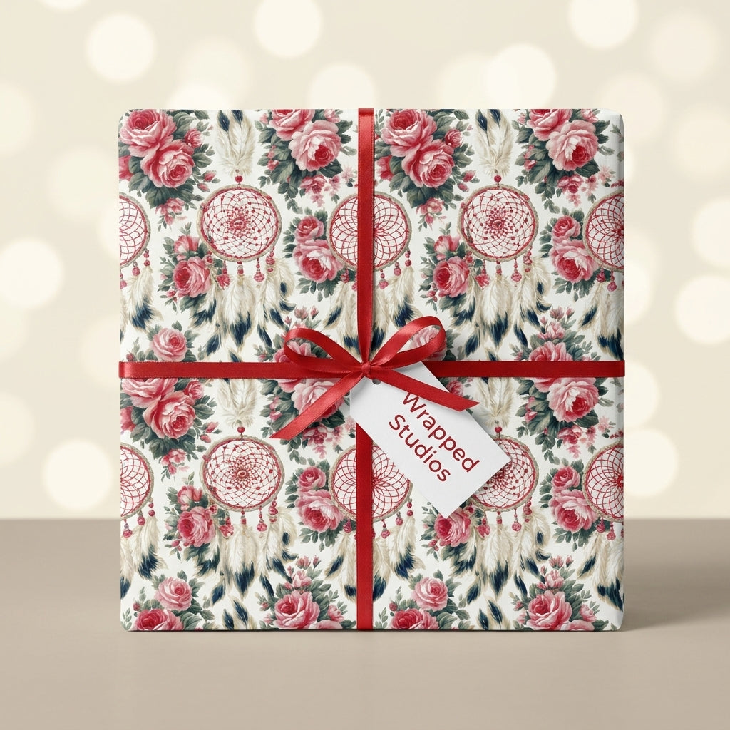 Boho floral and dreamcatcher wrapping paper by Wrapped Studios, tied with a red ribbon on a gift box.