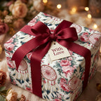 Boho floral wrapping paper with roses and dreamcatchers, tied with a burgundy ribbon by Wrapped Studios.