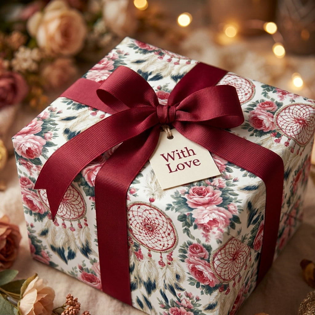 Boho floral wrapping paper with roses and dreamcatchers, tied with a burgundy ribbon by Wrapped Studios.