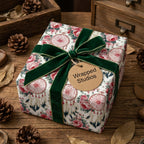 Vintage floral wrapping paper with dreamcatchers and green velvet ribbon by Wrapped Studios.