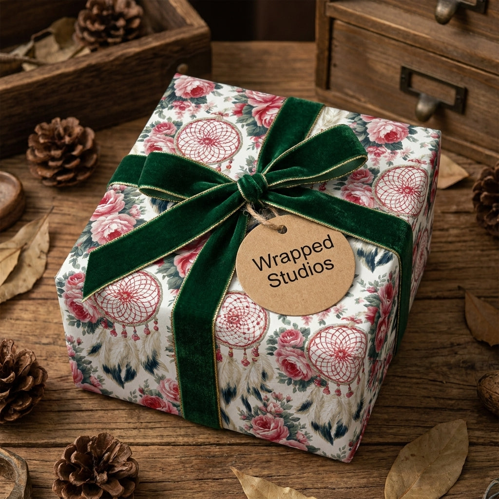 Vintage floral wrapping paper with dreamcatchers and green velvet ribbon by Wrapped Studios.