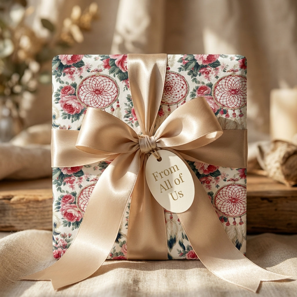 Vintage dreamcatcher boho floral wrapping paper with a gold bow by Wrapped Studios.