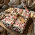 Boho floral dreamcatcher wrapping paper on a rustic gift box with a Stay Wild tag by Wrapped Studios.